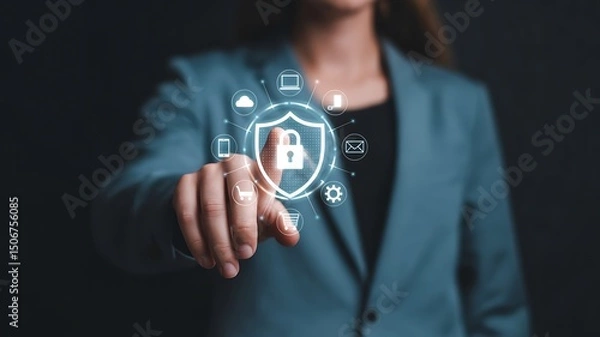 Fototapeta Business person activating data security protection with a digital shield and padlock icon