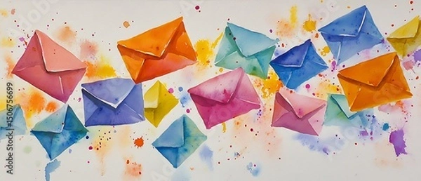 Obraz Watercolor Illustration Of Assorted Colorful Envelopes With White Background And Splatter Accents