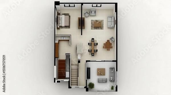 Obraz Overhead View of a Detailed Two-Story Residential Floorplan in Neutral Colors Showcasing Furnished Rooms and Architectural Elements