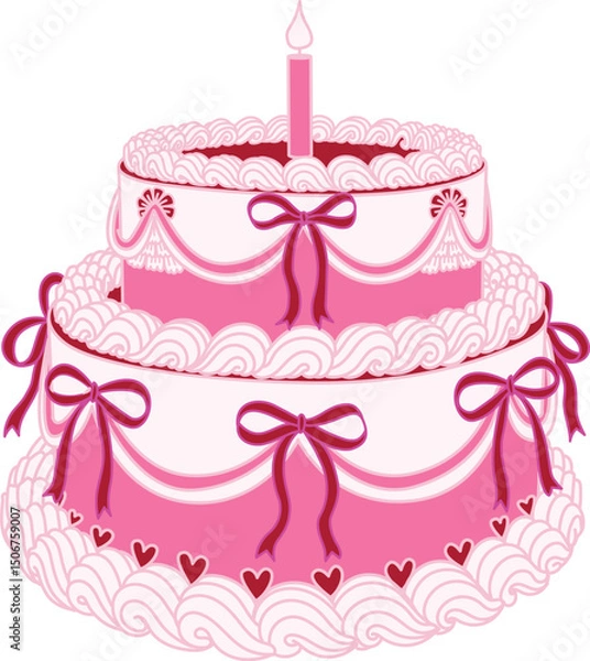 Obraz Line art drawing bow ribbons around pink two tier Birthday cake, clipart coquette aesthetic for design element such as card, invitation or banner. Vector illustration.	