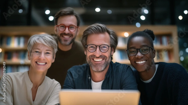 Obraz A group of four happy, smiling men and women working together on a laptop computer at night in an office. 