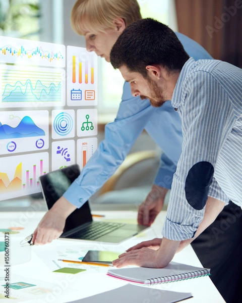 Obraz Composite collage. Team studying floating analytics dashboards with colorful graphs, timelines and structure icons in transparent UI style. Concept of virtual business, planning system, investments