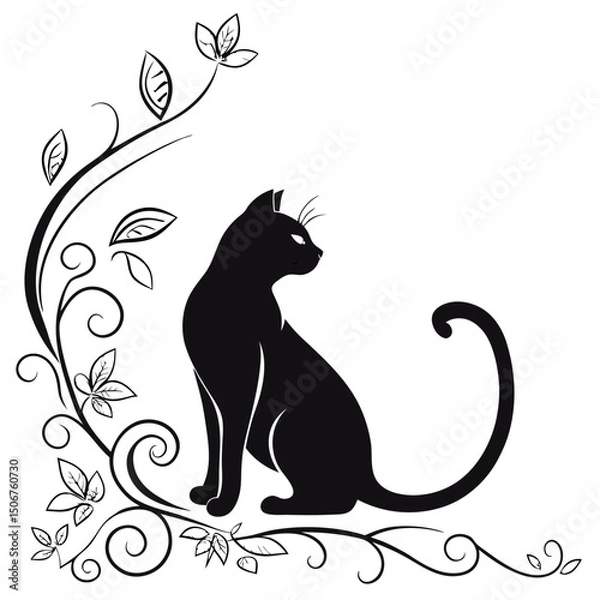 Obraz Black Cat Silhouette on White Background. Icon Vector Illustration. Concept for  Logo, Print, Sticker.