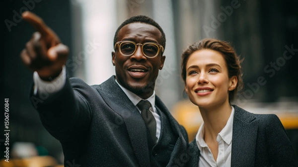 Obraz Cinematic photograph of an elegant African American man in his late thirties, wearing glasses and business attire with a tie, pointing at the camera and standing