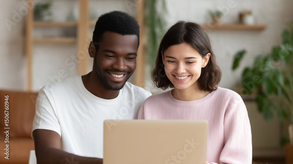 Obraz Portrait of a happy African American couple using a laptop and looking at the camera in a home office. The room has panoramic windows with natural light and greenery outside,