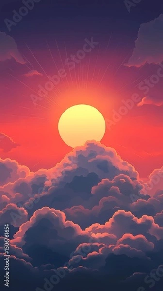 Obraz Cloudscape texture with radiant sun rays breaking through, ideal for atmospheric backgrounds, uplifting visuals, and nature-inspired compositions.