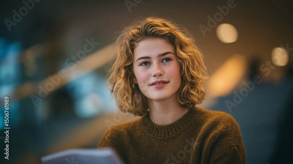 Obraz Editorial eye-level shot of an attractive woman in her early 20s with shoulder-length blonde curly hair wearing a dark brown sweater, sitting at work during the day, with a blurred background, 