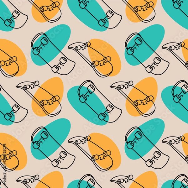 Fototapeta Colorful Skateboard Seamless Pattern Illustration. Vibrant and playful skateboard pattern featuring black line drawings of skateboards accented with orange and teal abstract shapes.