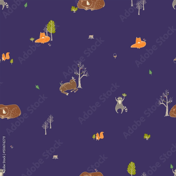 Obraz Cute seamless pattern with forest doodle animals drawn in Scandinavian style.
