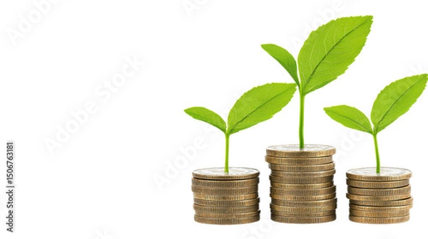 Fototapeta A conceptual image depicting financial growth and sustainability with a young plant seedling growing on stacks of coins symbolizing the potential for investment profit