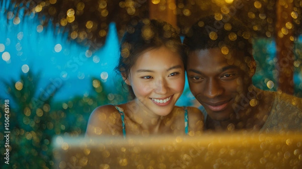 Obraz Cinematic photograph of a happy couple smiling at each other, sitting in front of a laptop on a balcony with a romantic background of a night beach and ocean.