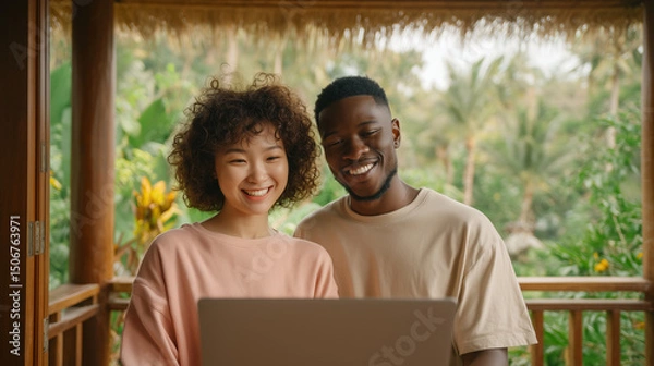 Obraz A cinematic photograph of an attractive African American man and Asian woman smiling at the camera, sitting on a balcony with their laptop in front of them facing forward. 