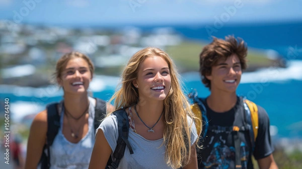 Obraz Three young people smiling, walking along the coastal road of Cape Town with their backs to each other and backpacks on their shoulders.