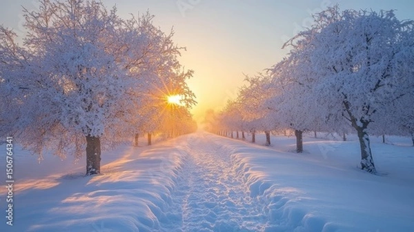 Fototapeta tranquil snowy orchard with rows of frosted apple trees illuminated by golden morning light, Generative AI
