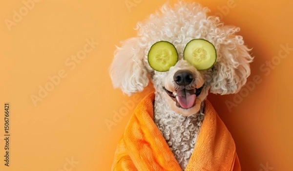 Obraz Poodle enjoys a spa day with cucumber slices on its eyes while wrapped in a bright orange towel in a cozy setting