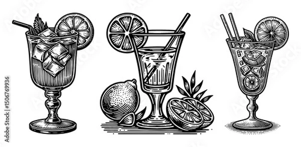Fototapeta citrus cocktails in decorative glasses with ice cubes, lemon slices, and straws Set collection bundle sketch engraving generative ai PNG illustration. Scratch board imitation. Black and white.