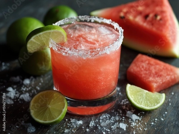 Fototapeta Fresh watermelon margarita with lime and salt rim on rustic table