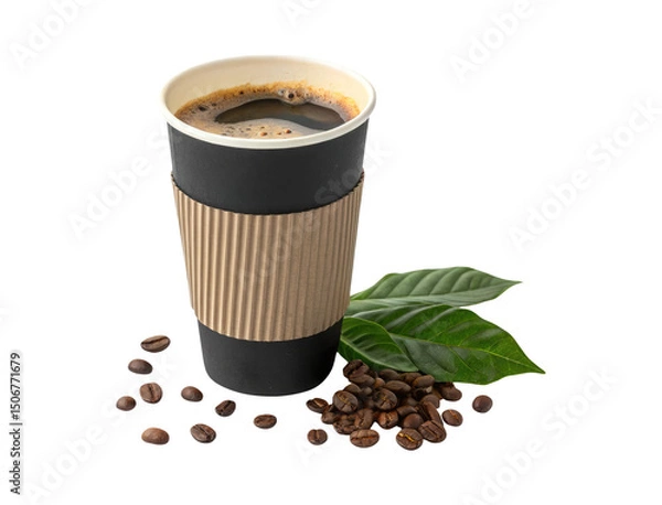 Obraz Takeaway black paper coffee cup with sleeve with coffee beans and leaves isolated on a transparent background png drinks design