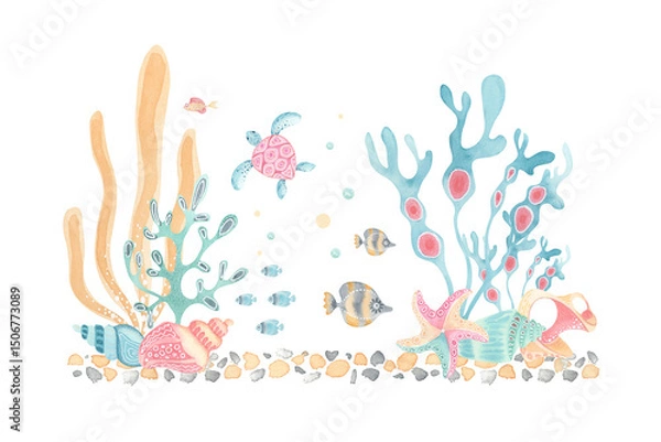 Obraz Ocean life watercolor illustration. Underwater world. Seaweed, coral, seashells, turtle and fish with delicate texture in pastel tones. Perfect for kids decor, greeting cards, sea-themed stationery