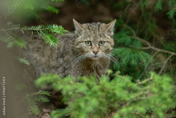 Fototapeta Portrait of a beautiful european wildcat in the nature habitat. Felis silvestris.