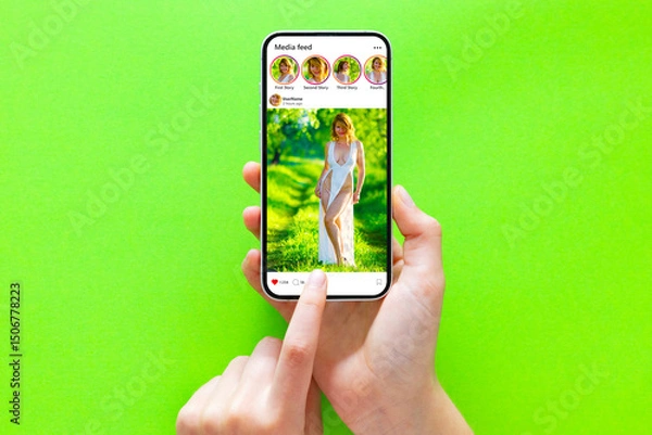 Fototapeta Sample social media posts on mobile phone, green background