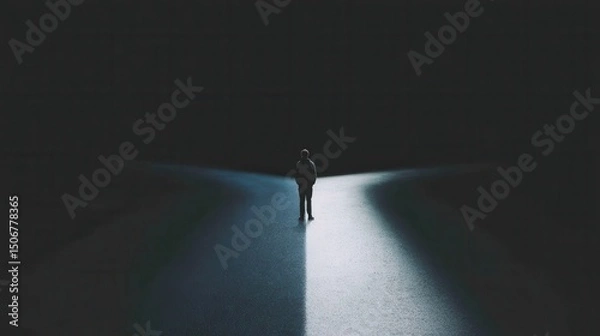Obraz teenager standing on road between dark and light path choices