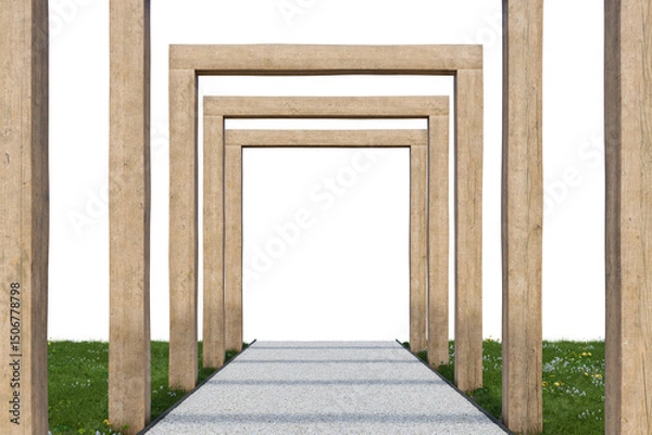 Fototapeta Gravel walking path and wooden frame entrance. 3d rendering of nature garden with empty background.