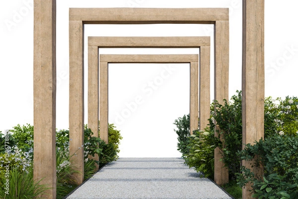 Fototapeta Gravel walking path and wooden frame entrance. 3d rendering of nature garden with empty background.