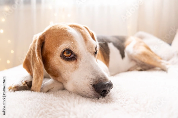 Fototapeta A Relaxed Beagle Dog Comfortably Resting on a Soft Surface in a Cozy Environment