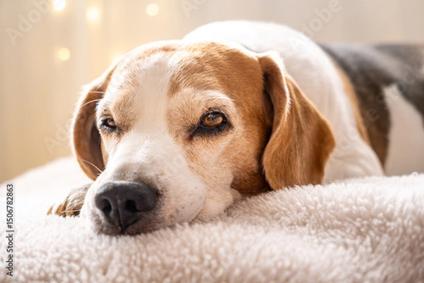 Fototapeta A relaxed and content Beagle dog resting comfortably on a soft surface in a cozy setting