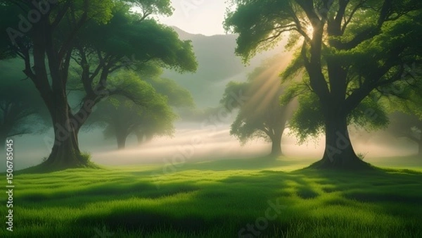 Obraz Mist rolling through a quiet valley at alfajar with light rays piercing through tall trees