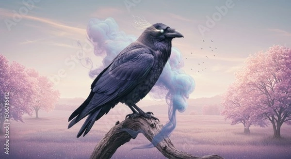 Fototapeta Raven on Branch in Spring Field