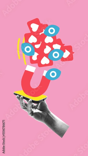 Fototapeta Surreal artwork. Hand holding smartphone topped with magnet pulls eyes and likes, showing obsession with visibility and reach in digital life. Concept of social media, algorithmic attraction and fame