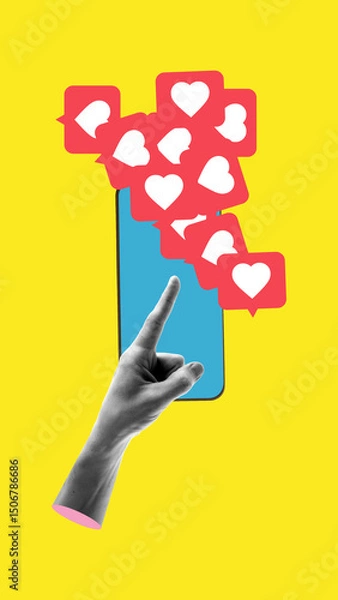 Fototapeta Poster. Composite collage. Finger touches phone overflowing with red heart icons, reflecting constant need for recognition and reactions. Concept of social media, instant feedback, digital. Ad