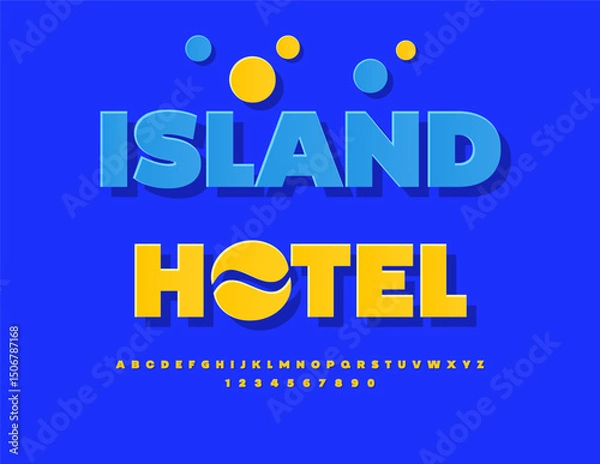 Obraz Vector Advertising flyer Island Hotel with Decorative Sun. Summer Yellow Font. Digital Sticker style Alphabet Letters and Numbers set.