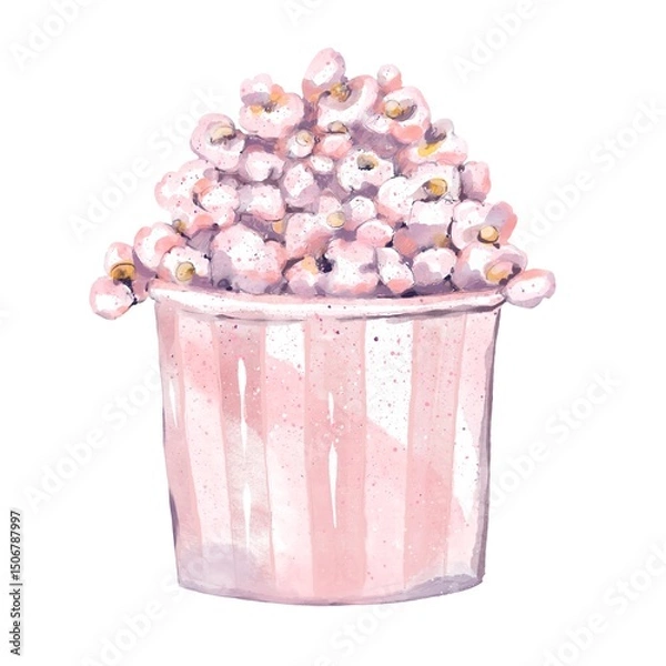 Fototapeta Pink popcorn in round craft box with pink striped pattern watercolor food illustration isolated on white fun party snack for celebration design dessert bar carnival baby shower or birthday theme
