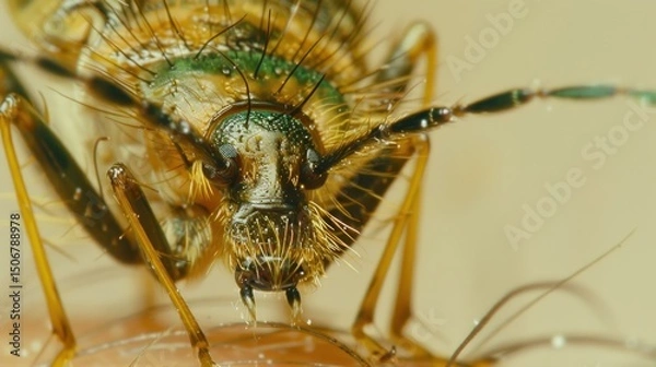 Fototapeta Close-up of a tiny insect on skin.  Detailed view of its head, thorax, and legs