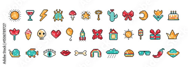 Fototapeta Colorful Pixel Art Set with Retro Game Assets. 8 bit pixel objects Vector illustration 