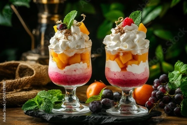 Obraz Colorful layered dessert in a glass with whipped cream and fruit.