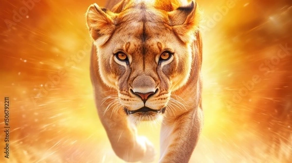 Fototapeta Fierce Lioness Running with Intensity Against a Fiery Background