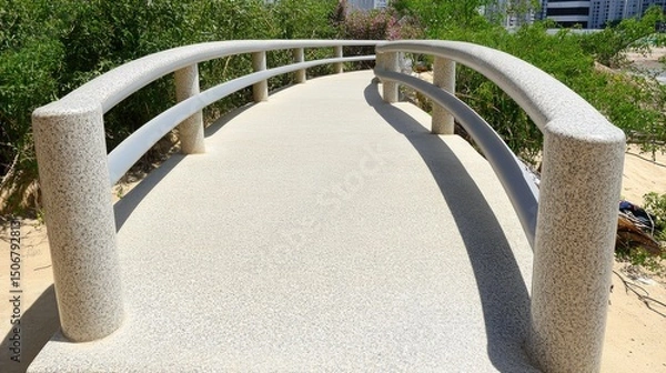 Fototapeta Elegant Concrete Bridge with Curved Rails Over Sandy Pathway