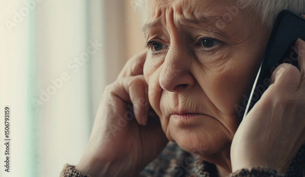 Fototapeta Close-up of elderly woman holding smartphone with concerned expression, suggesting distress, bad news, or emotional conversation during a phone call.