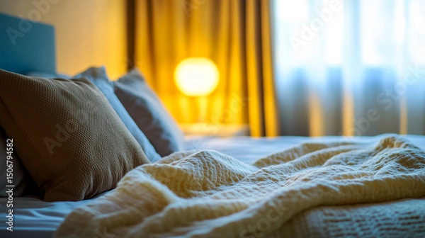 Obraz Close-up of a bed with an orange lamp in the background