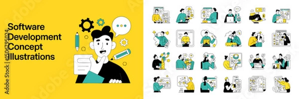 Fototapeta Software Development Concept Illustrations Featuring Team Collaboration and Coding  