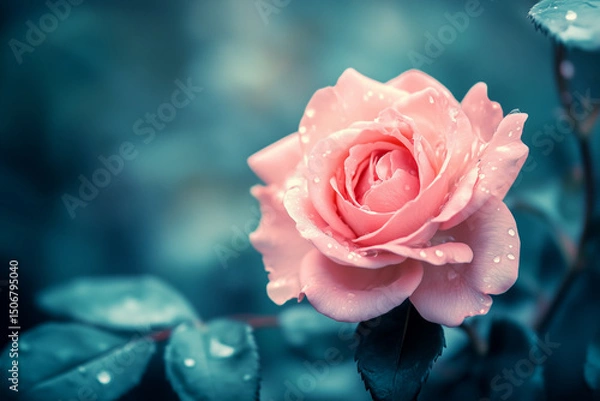 Obraz Pink rose with water drops on a soft focus background