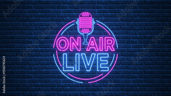 Fototapeta neon lights live on air text and microphone on blue brick wall, live podcast streaming and broadcasting social media design element	
