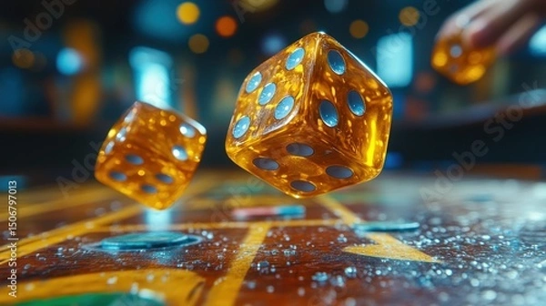 Obraz Dice in mid air above game table