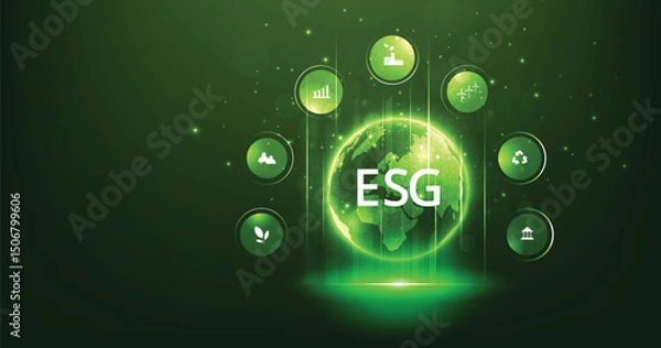 Fototapeta World sustainable environment concept design.Green earth for Environment Social and Governance. Solving environmental, social and management problems with figure icons.	