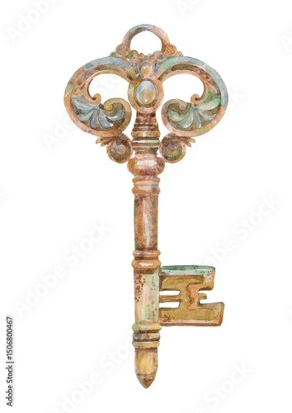 Fototapeta Vintage rusty iron key with ornate patina texture aged metal classic decorative relic closeup detailed antique object historic pattern green closeup isolated on white background