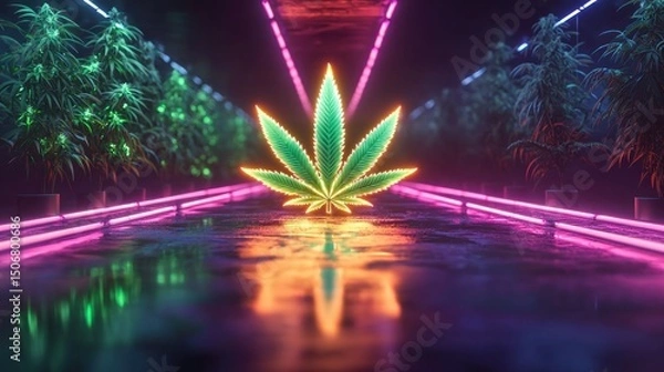 Obraz Glowing cannabis leaf in neon tunnel